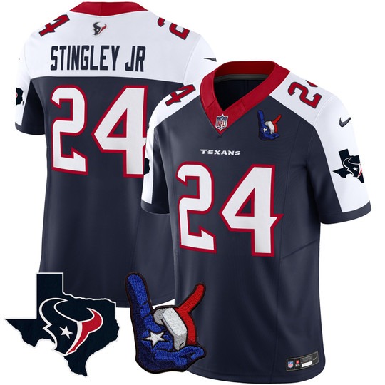 Men's Houston Texans #24 Derek Stingley Jr. Hand Sign Throwing Up The H Vapor F.U.S.E. Limited Stitched Jersey Navy White