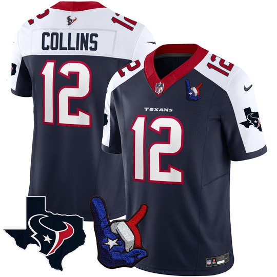 Men's Houston Texans #12 Nico Collins Hand Sign Throwing Up The H Vapor F.U.S.E. Limited Stitched Jersey Navy White