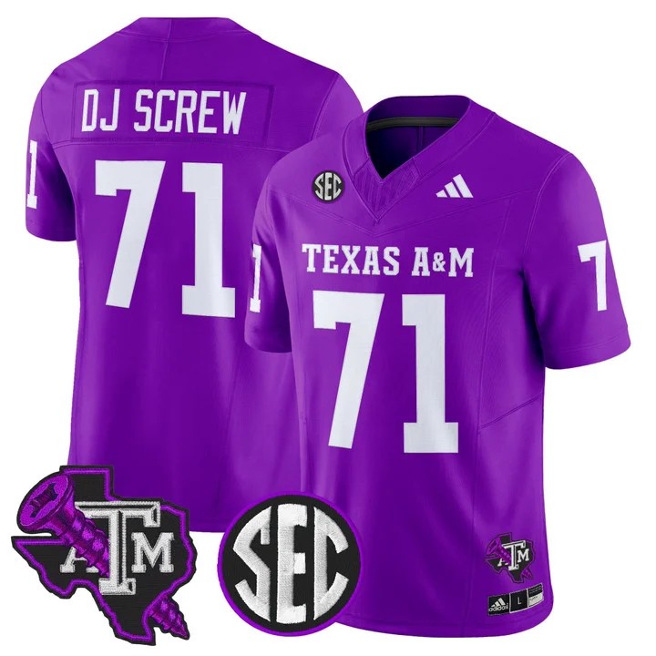 Men's Texas A&M Aggies #71 DJ Screw 1971 Vapor F.U.S.E. Limited Stitched football Jersey Purple