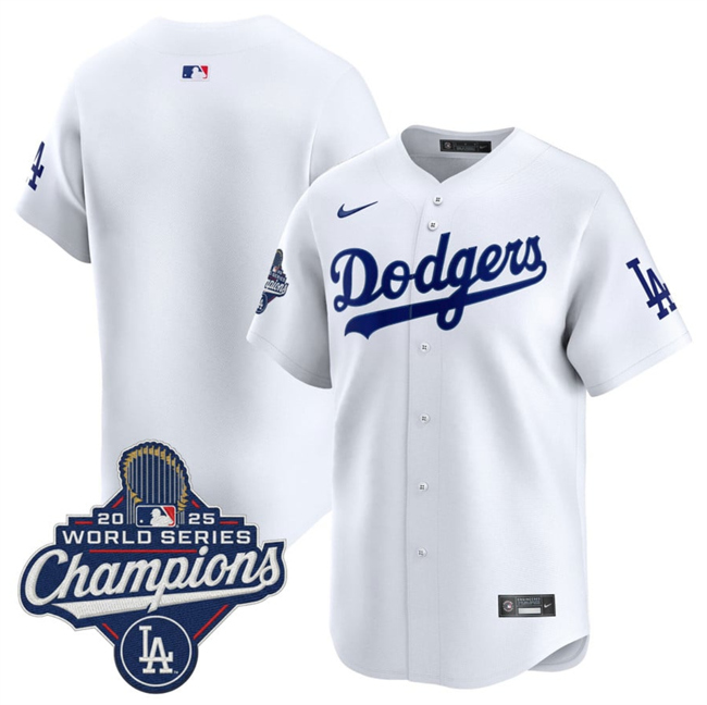 Men's Los Angeles Dodgers Blank White 2025 World Series Champions Patch Home Limited Stitched Baseball Jersey