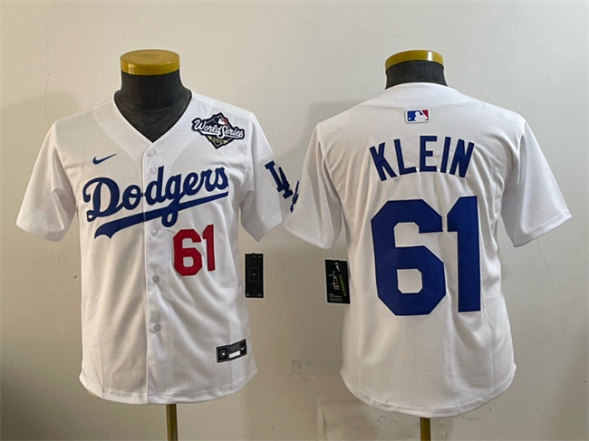Youth Los Angeles Dodgers #61 Will Klein White 2025 World Series Home Limited Stitched Baseball Jersey