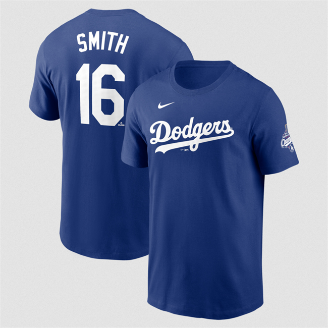 Men's Los Angeles Dodgers #16 Will Smith Royal 2025 World Series Champions Name & Number T-Shirt