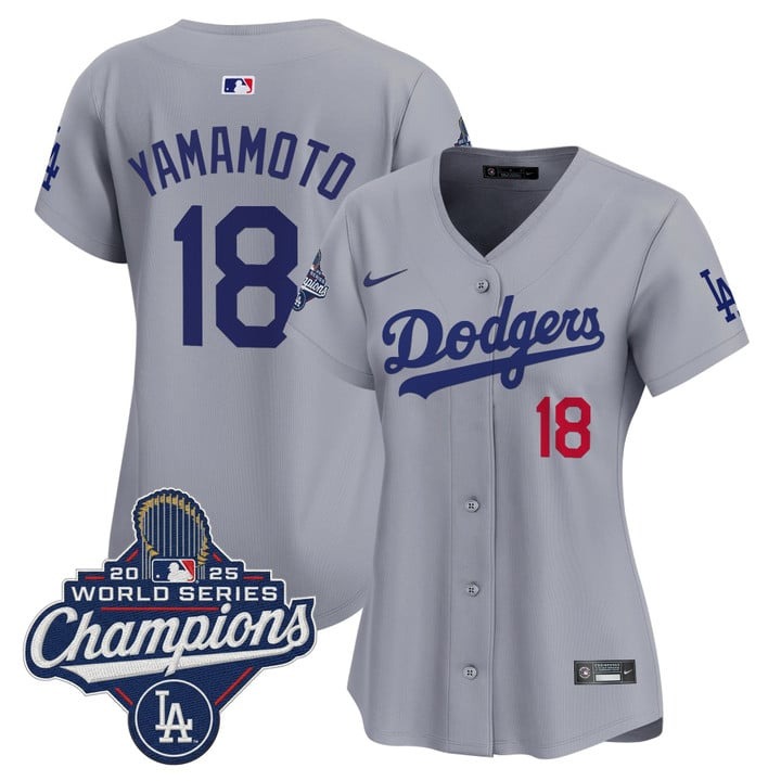Women's Dodgers #18 Yoshinobu Yamamoto 2025 World Series Champions Nike Limited Jersey Grey