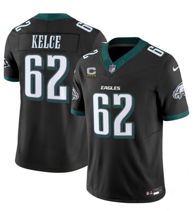 Men's Philadelphia Eagles #62 Jason Kelce Black 2024 New With 4-Star C Patch F.U.S.E. Vapor Untouchable Limited Stitched Football Jersey