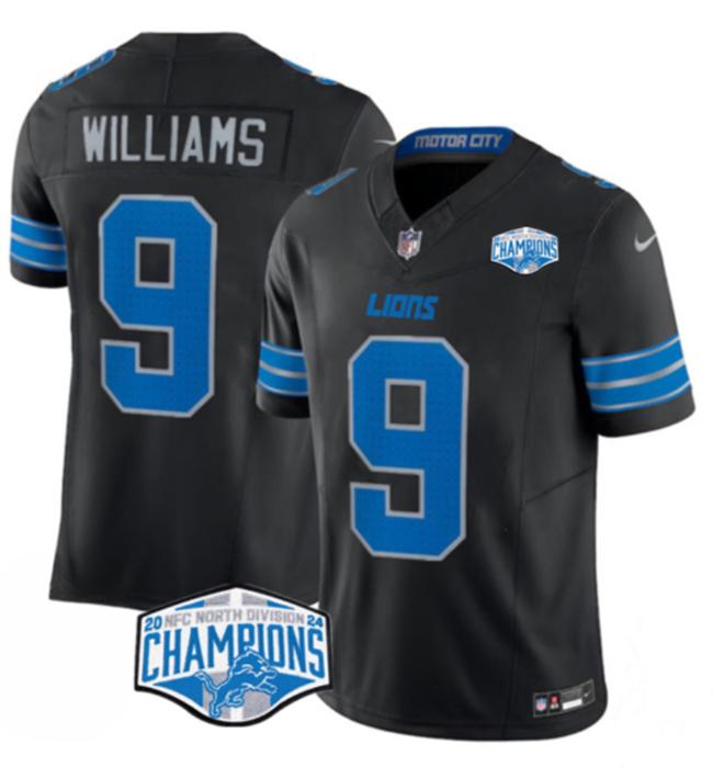 Men's Detroit Lions #9 Jameson Williams Black 2024 NFC North Champions F.U.S.E. Vapor Limited Stitched Jersey