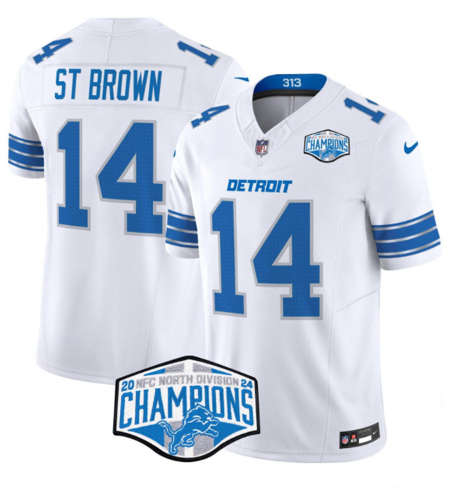 Men's Detroit Lions #14 Amon-Ra St. Brown White 2024 NFC North Champions F.U.S.E. Vapor Limited Stitched Jersey