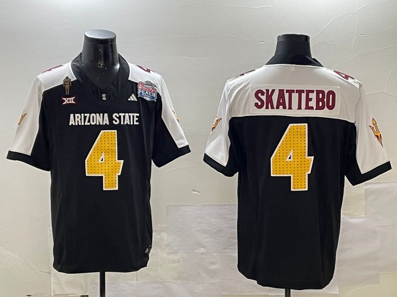 Men's Arizona State Sun Devils #4 Cam Skattebo 2024 F.U.S.E. Black_White Pat Tillman & Peach Bowl Patch Vapor Limited Stitched Jersey