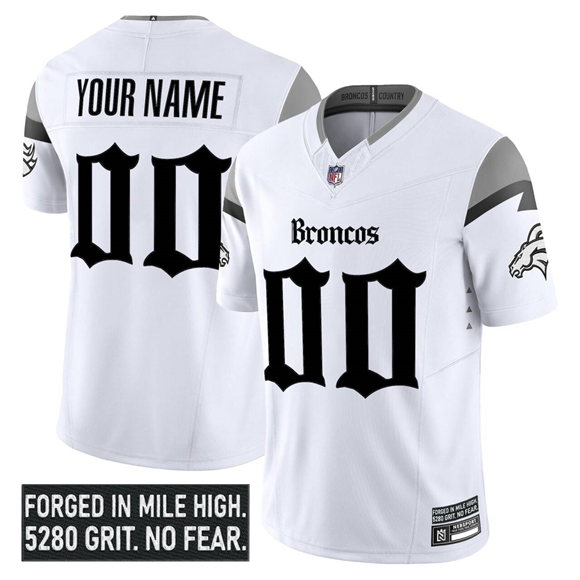 Men's Denver Broncos Custom White 2025 F.U.S.E. With 1-Star C Patch 'Gothic Mile High Shadows Edition' Vapor Limited Stitched Football Jersey