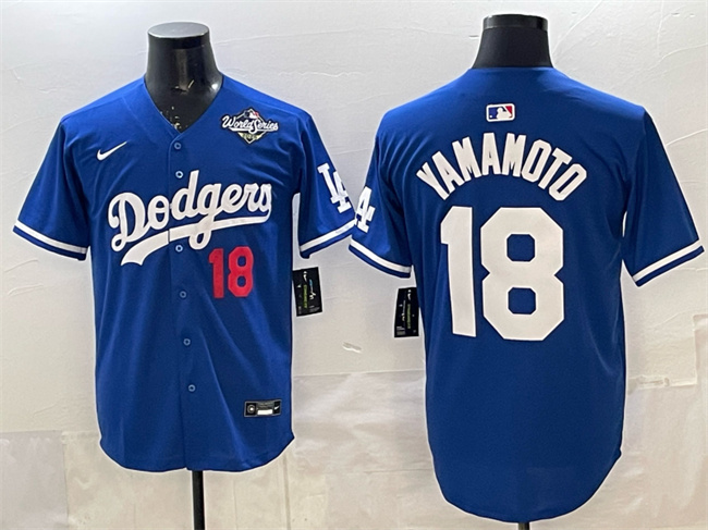 Men's Los Angeles Dodgers #18 Yoshinobu Yamamoto Royal 2025 World Series Patch Limited Stitched Baseball Jersey