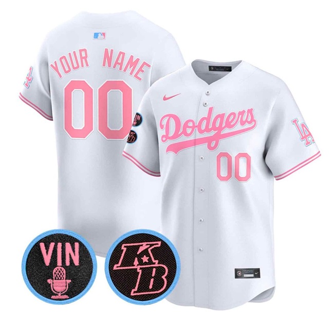 Women's Los Angeles Dodgers ACTIVE PLAYER Custom White-Pink With Vin & Kobe Patch Limited Stitched Baseball Jersey