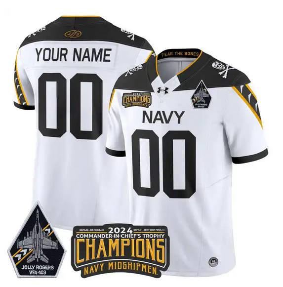 Navy Midshipmen Active Player Custom White Black 2024 F.U.S.E. Champions Patch And Jolly Rogers VFA-103 Horvath Patch Stitched Football Jersey
