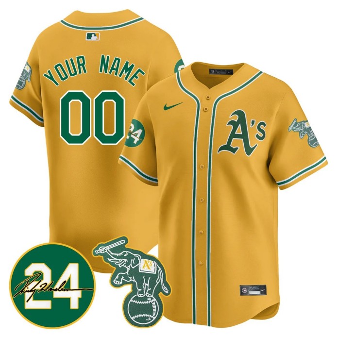 Nike Custom Oakland Athletics 2024 Ricky Henderson Memorial Stitched MLB Jersey Yellow