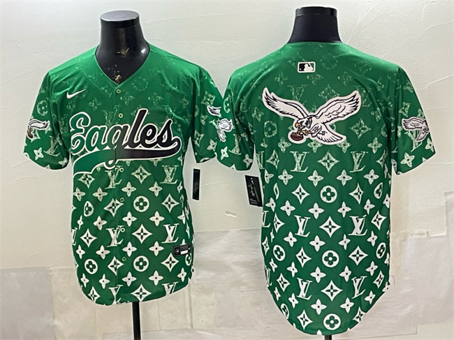 Men's Philadelphia Eagles Team Big Logo Green With Patch Limited Stitched Baseball Jersey