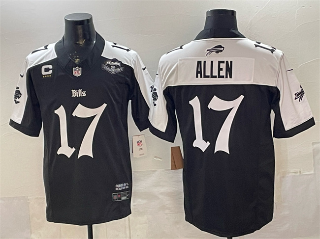 Men's Buffalo Bills #17 Josh Allen Black White 2025 F.U.S.E. 'Gothic Cold Front Edition' With Farewell Patch & 4-Star C Patch Vapor Limited Stitched Football Jersey