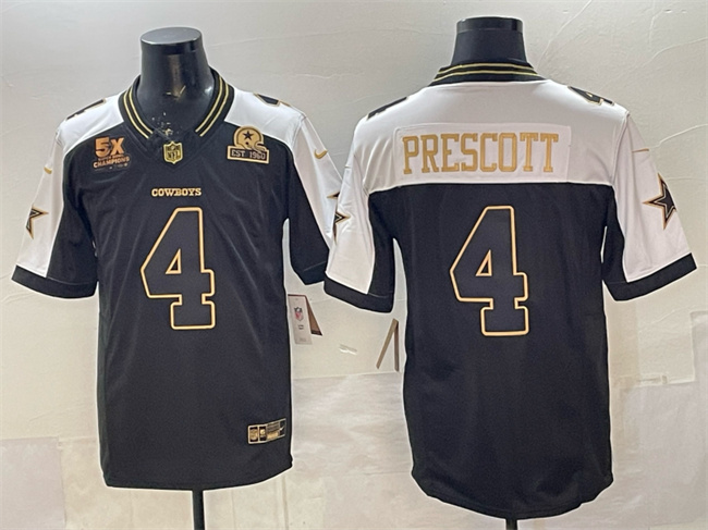 Men's Dallas Cowboys #4 Dak Prescott Black Gold 2025 F.U.S.E. With 5x Super Bowl Champions & Established In 1960 Patch Vapor Limited Stitched Football Jersey