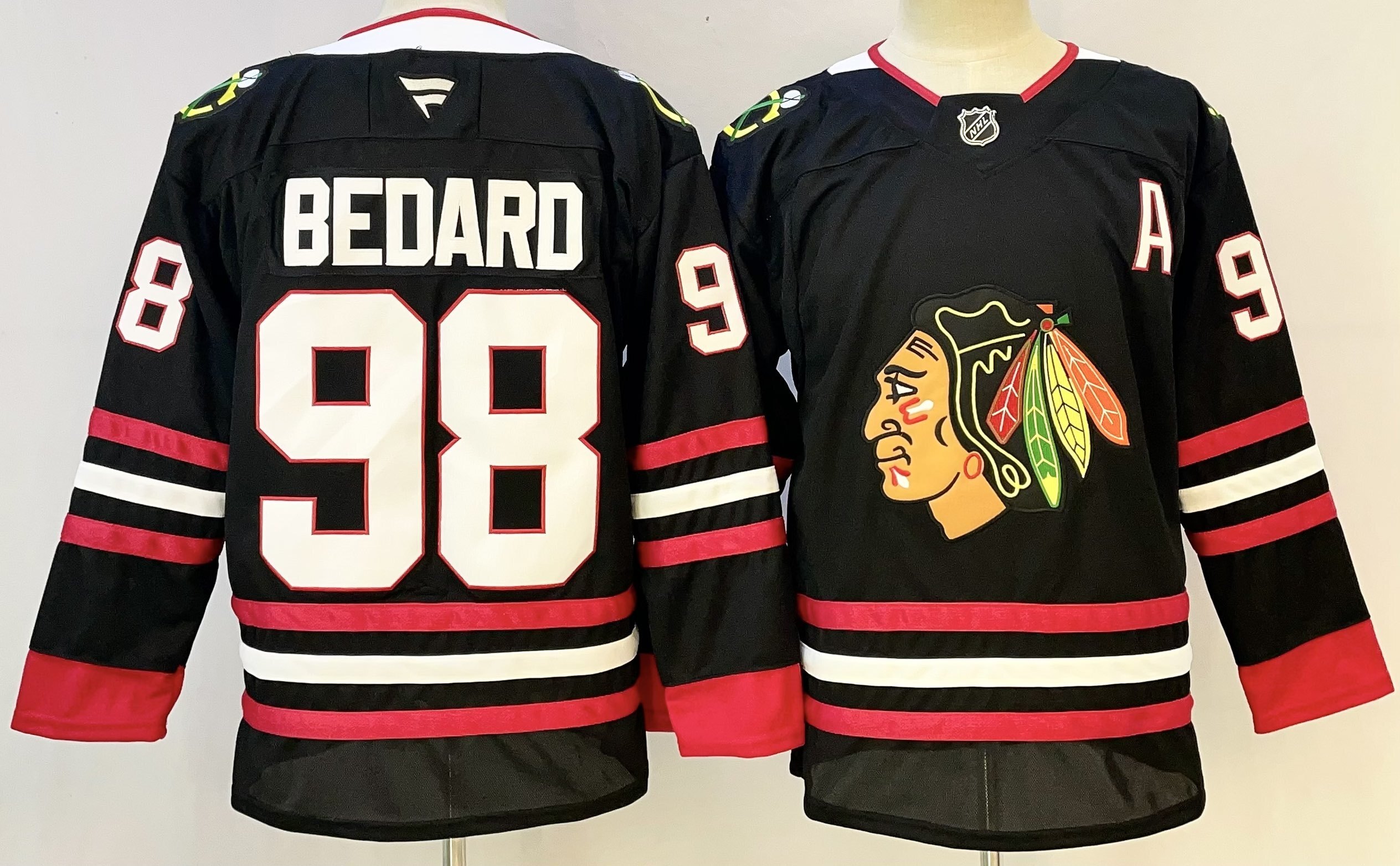 Men's Chicago Blackhawks #98 Connor Bedard Black With A Patch  Stitched Hockey Jersey
