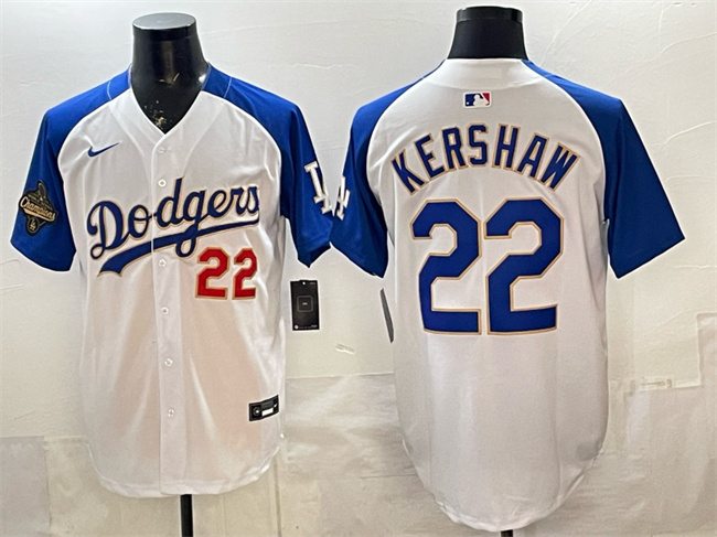 Men's Los Angeles Dodgers #22 Clayton Kershaw White Royal Gold 2025 World Series Champions Patch Limited Stitched Baseball Jersey