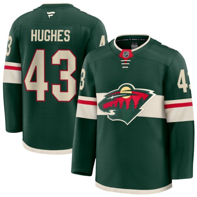Men's Minnesota Wild #43 Quinn Hughes Green Home 2025 Stitched Premium Jersey