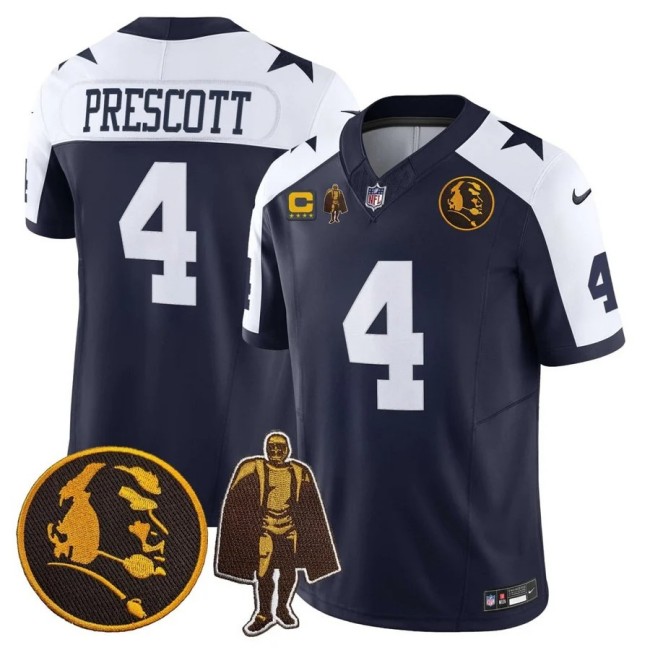 Men's Dallas Cowboys #4 Dak Prescott With John Madden & Walter Payton Man Of Year & 4-Star C Patch F.U.S.E. Thanksgiving Memorial Stitched Jersey Navy Blue