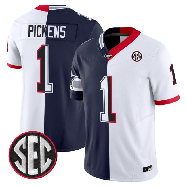 Men's Dallas Cowboys Split Georgia Bulldogs #1 George Pickens Navy White F.U.S.E. Vapor Limited Stitched Jersey