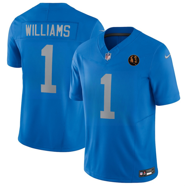 Men's Detroit Lions #1 Jameson Williams Blue 2025 F.U.S.E.With John Madden Patch Vapor Limited Stitched Jersey
