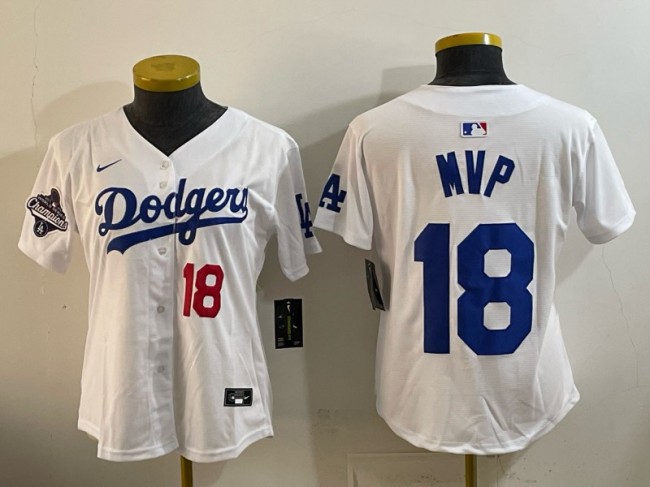 Women's Los Angeles Dodgers #18 MVP White 2025 World Series Champions Patch Limited Stitched Baseball Jersey