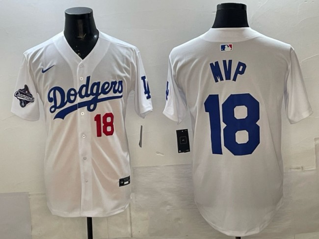 Men's Los Angeles Dodgers #18 MVP White 2025 World Series Champions Patch Limited Stitched Baseball Jersey