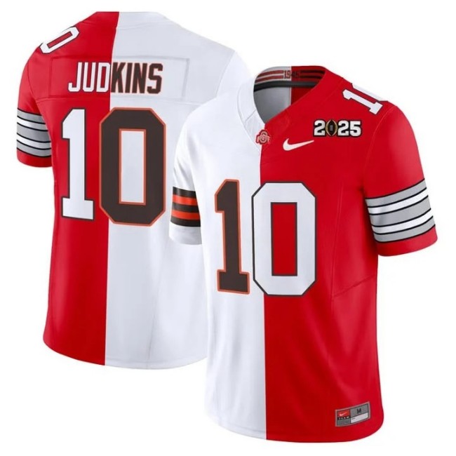 Men's Ohio State Buckeyes x Cleveland Browns Quinshon Judkins #10 Split Stitched Jersey - White Red