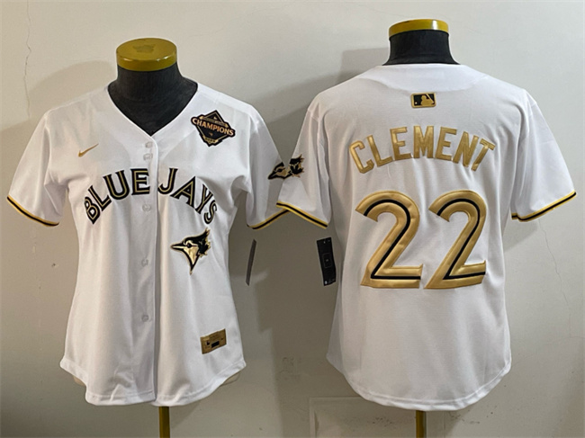 Women's Toronto Blue Jays #22 Ernie Clement White Gold 2025 American League Champions Limited Stitched Baseball Jersey(Run Small)