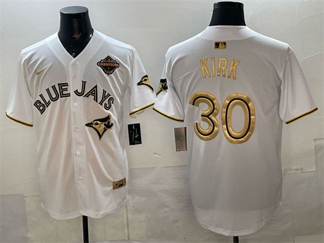 Men's Toronto Blue Jays #30 Alejandro Kirk White Gold 2025 American League Champions Limited Stitched Baseball Jersey