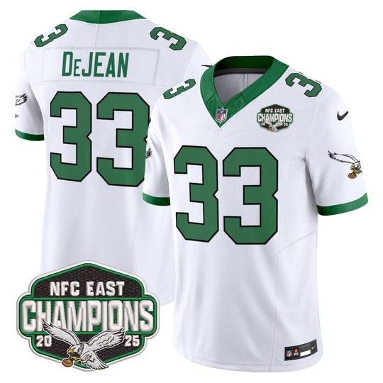 Men's Philadelphia Eagles #33 Cooper DeJean Kelly White F.U.S.E. 2025 NFC East Division Champions Vapor Limited Stitched Jersey