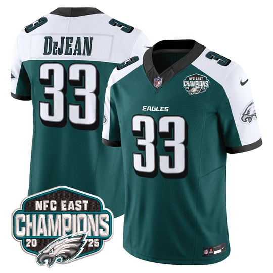 Men's Philadelphia Eagles #33 Cooper DeJean Green White F.U.S.E. 2025 NFC East Division Champions Vapor Limited Stitched Jersey