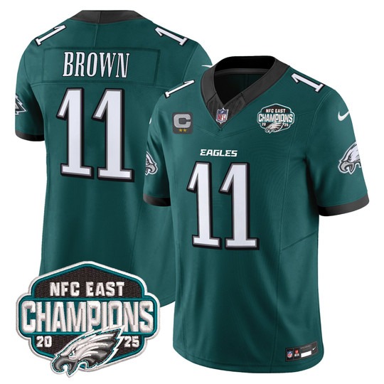 Men's Philadelphia Eagles #11 A.J. Brown Green F.U.S.E. 2025 NFC East Division Champions Vapor Limited Stitched Jersey