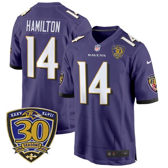 Men's Baltimore Ravens #14 Kyle Hamilton Purple With 30 Seasons Patch Stitched Jersey