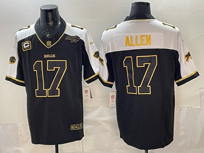 Men's Buffalo Bills #17 Josh Allen Black Gold 2025 F.U.S.E. With Bills Mafia Patch & 4-Star C Patch Vapor Limited Stitched Football Jersey