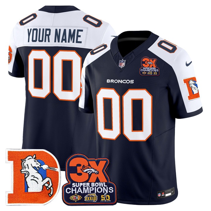 Men's & Women's & Youth Denver Broncos Custom Navy White F.U.S.E. 3-Time Champions Patch Throwback Vapor Limited Stitched Jersey