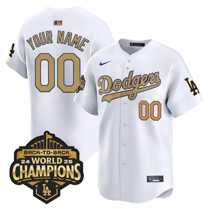 Men's & Women's & Youth Los Angeles Dodgers Custom White Gold Back to Back 2025 World Series Champions Patch Limited Stitched Jersey