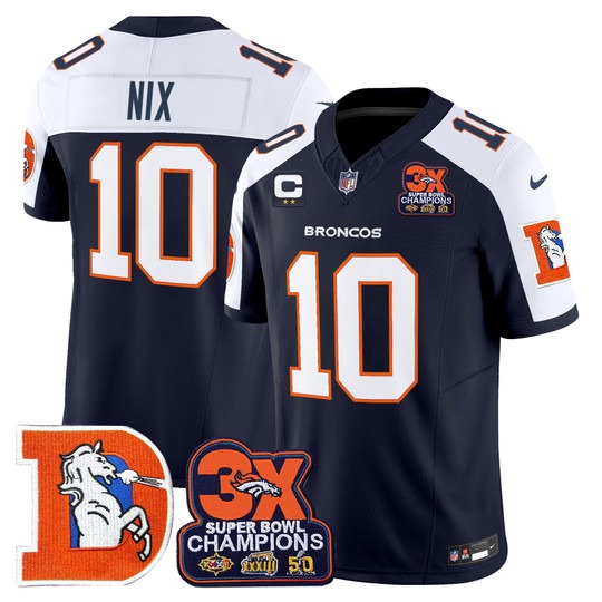 Men's & Women's & Youth Denver Broncos #10 Bo Nix Navy White F.U.S.E. 3-Time Champions Throwback Vapor Limited Stitched Jersey