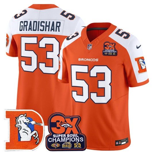 Men's & Women's & Youth Denver Broncos #53 Randy Gradishar Orange White F.U.S.E. 3-Time Champions Throwback Vapor Limited Stitched Jersey