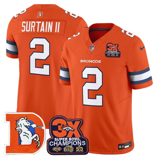 Men's & Women's & Youth Denver Broncos #2 Patrick Surtain II Orange F.U.S.E. 3-Time Champions Throwback Vapor Limited Stitched Jersey
