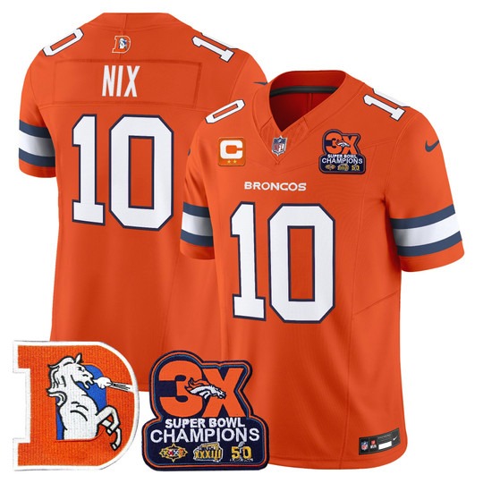 Men's & Women's & Youth Denver Broncos #10 Bo Nix Orange F.U.S.E. 3-Time Champions Throwback Vapor Limited Stitched Jersey