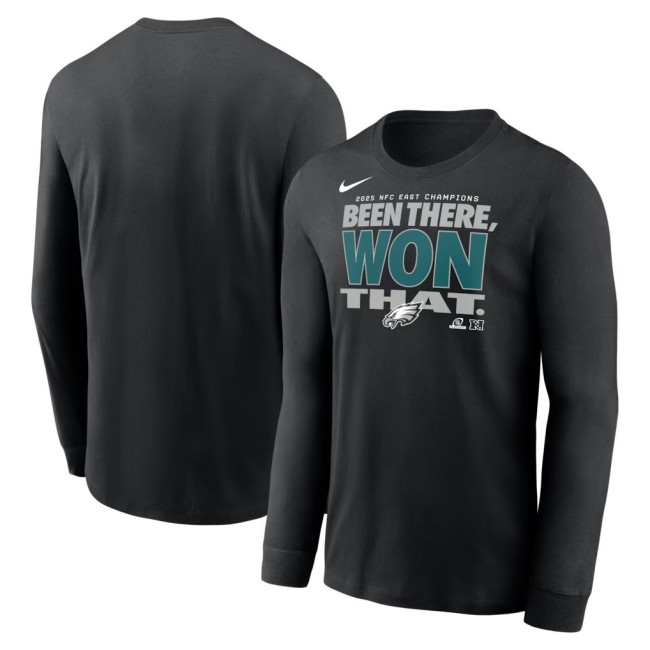 Men's & Women's & Youth Philadelphia Eagles Black Nike 2025 NFC East Division Champions Locker Room Trophy Collection Long Sleeve T-Shirt
