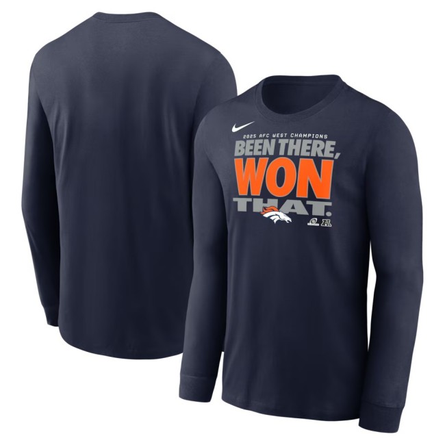 Men's & Women's & Youth Denver Broncos Navy Nike 2025 AFC West Division Champions Locker Room Trophy Collection Long Sleeve T-Shirt