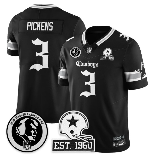 Men's Dallas Cowboys #3 George Pickens Black 'Gothic John Madden Patch Vapor Limited Stitched Jersey