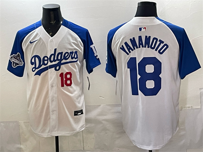 Men's Los Angeles Dodgers #18 Yoshinobu Yamamoto White Royal 2025 World Series Champions Patch Limited Stitched Baseball Jersey