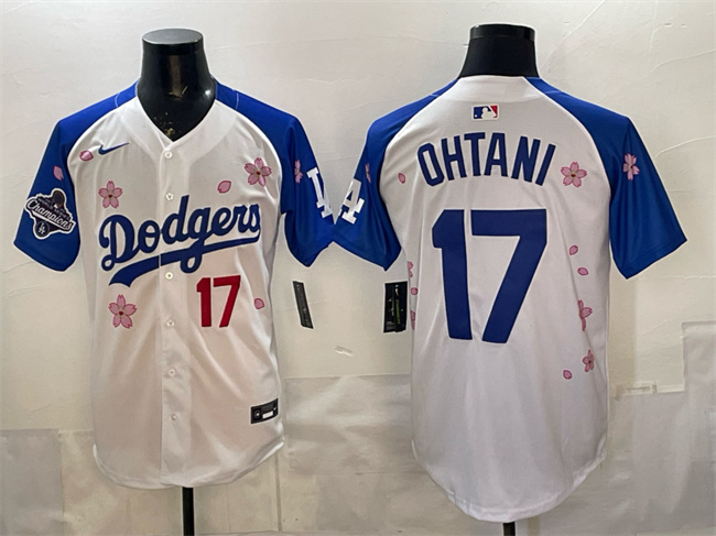Men's Los Angeles Dodgers #17 Shohei Ohtani White Royal 2025 World Series Champions Patch Tokyo Series Limited Stitched Baseball Jersey
