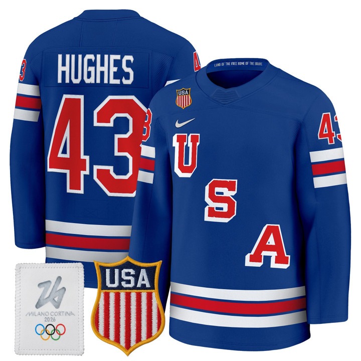 Men's USA Hockey 2026 Olympic #43 Quinn Hughes Royal Nike Premium Stitched Jersey