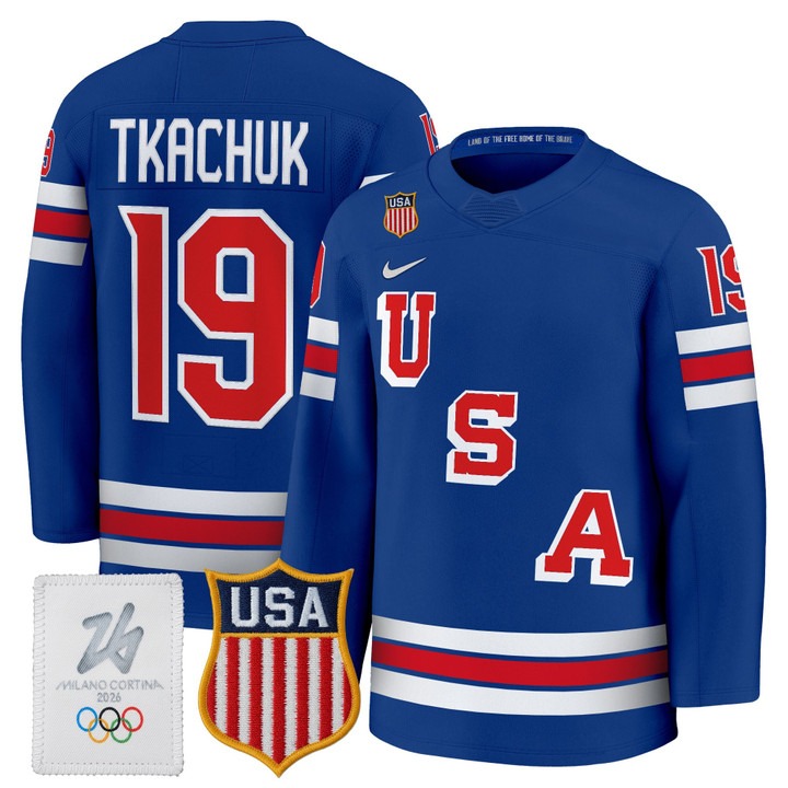 Men's USA Hockey 2026 Olympic #19 Matthew Tkachuk Royal Nike Premium Stitched Jersey