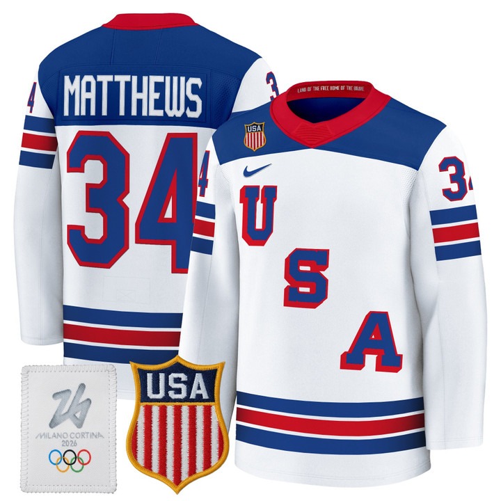 Men's USA Hockey 2026 Olympic #34 Auston Matthews White Nike Premium Stitched Jersey