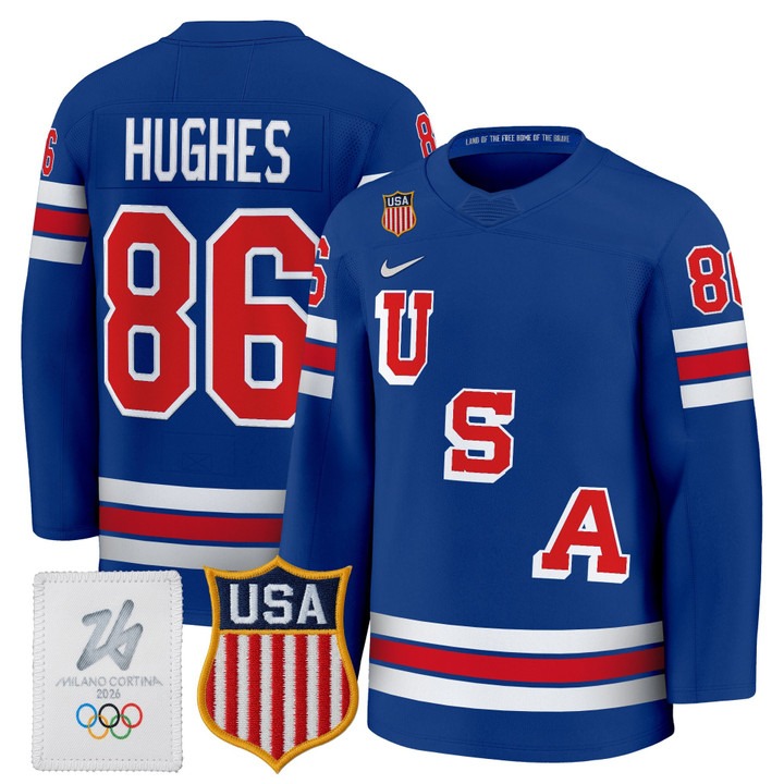 Men's USA Hockey 2026 Olympic #86 Jack Hughes Royal Nike Premium Stitched Jersey